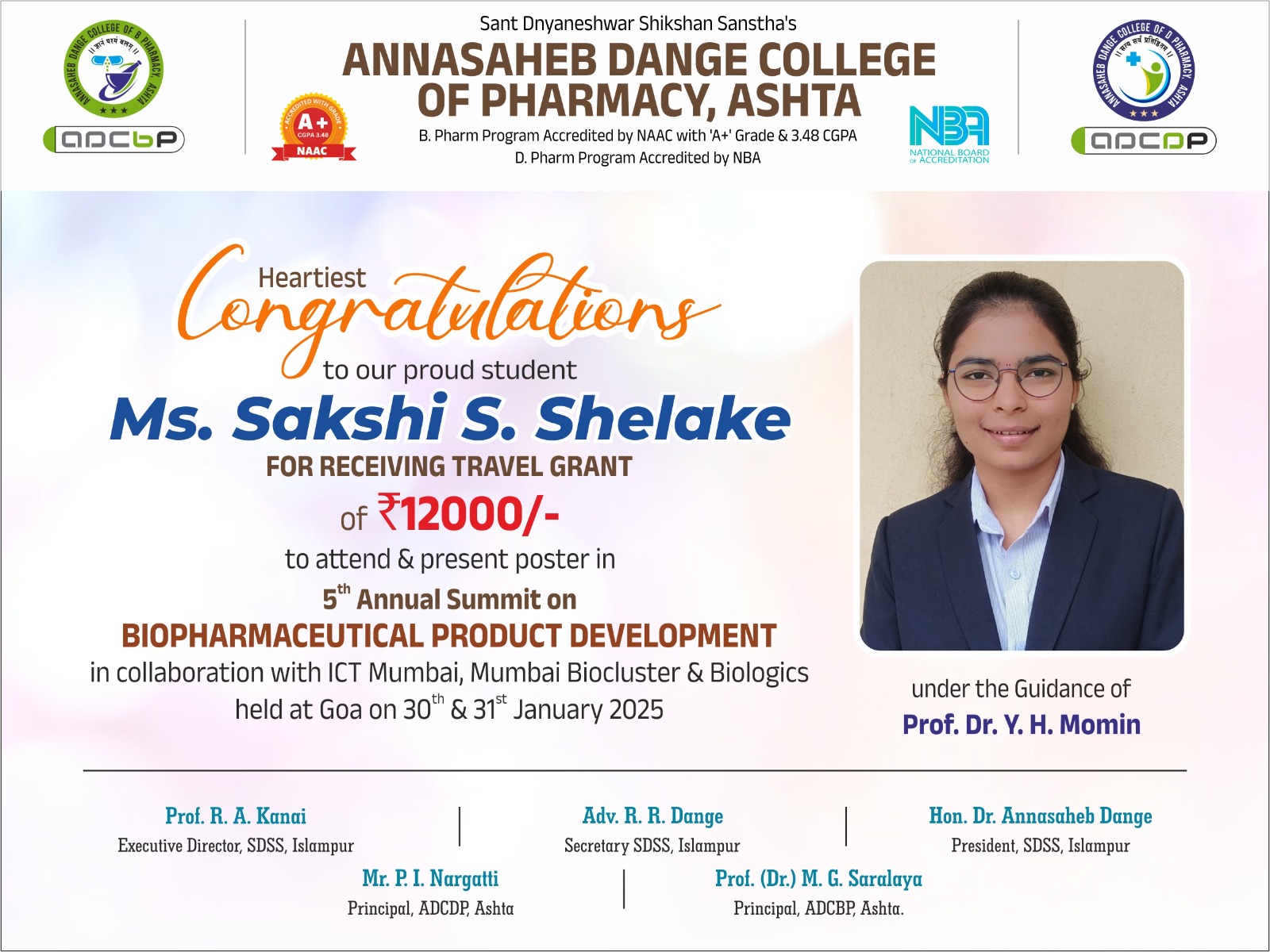 Congratulations to Ms. Sakshi S Shelake for Receiving Travel Grant of 12000 RS